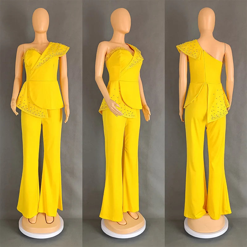 Women Jumpsuit One Shoulder Feather Diamond Peplum Party Fashion Female One Piece African Event Occasion Rompers New Summer 2024