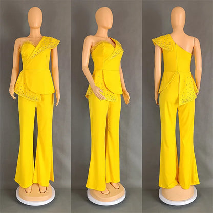 Women Jumpsuit One Shoulder Feather Diamond Peplum Party Fashion Female One Piece African Event Occasion Rompers New Summer 2024