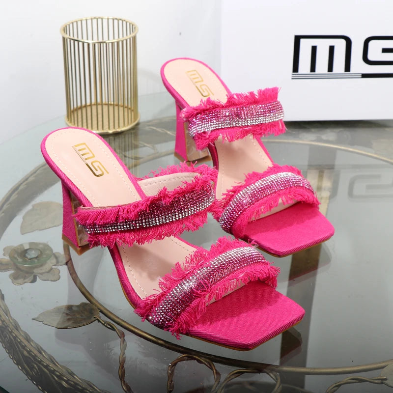 Denim women slippers 2025 new rhinestone plush stiletto heels women outdoor fashion women's slippers Luxury elegant women shoes
