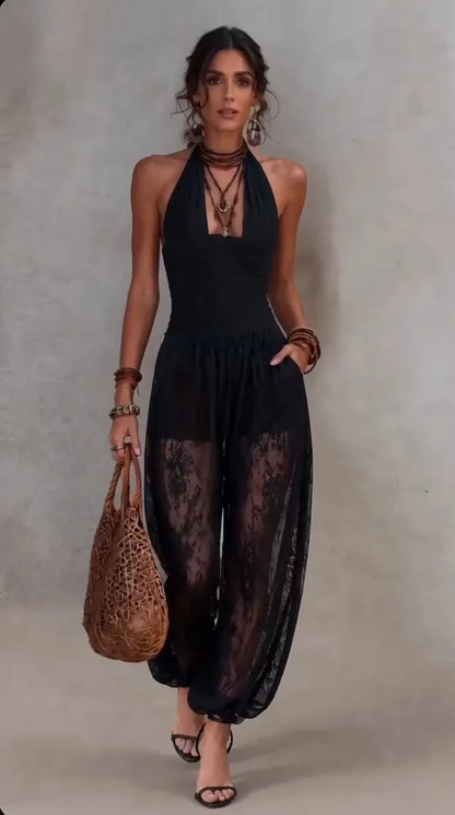Solid Women Lace Jumpsuits For Spring Summer Sleeveless V-Neck Loose Fashion Streetwear Overalls Pants Trousers 2026