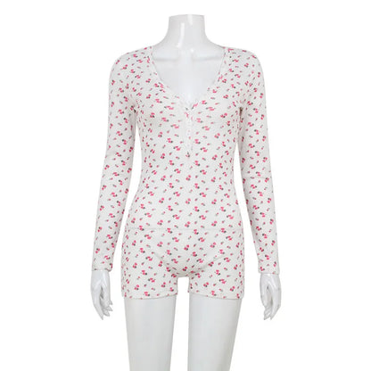 Casual Women Playsuits O-Neck Regular Long Sleeves t shirt Print Single Breasted Skinny Homewear Floral Sweet Femlae Rompers