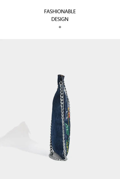 Embroidered Flowers Women Cowboy Shoulder Bag Fashion Chain Ladies Messenger Bags Denim Handbag Personality Trend Student Bag