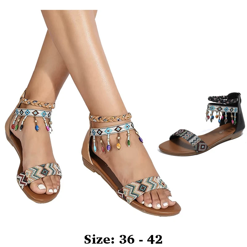 High quality leather flat sandals for women 2.5cm low heel vintage print new summer 2026 36 42 open toe casual shoe black brown