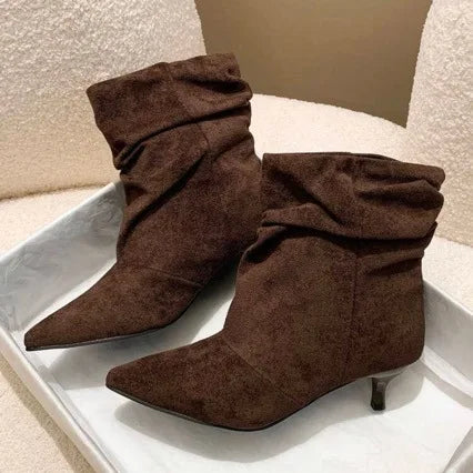 Brown Retro Elegant Designer Ankle Boots Women Fashion Pleated Suede Autumn Winter Kitten Heels Party Prom Chelsea Shoes