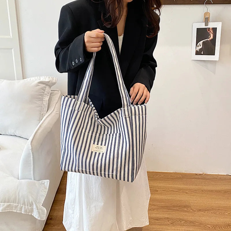 Contrast Color Stripes Women Shoulder Bags Versatile Ladies Large Capacity Tote Bag Lightweight Portable Female Shopping Handbag