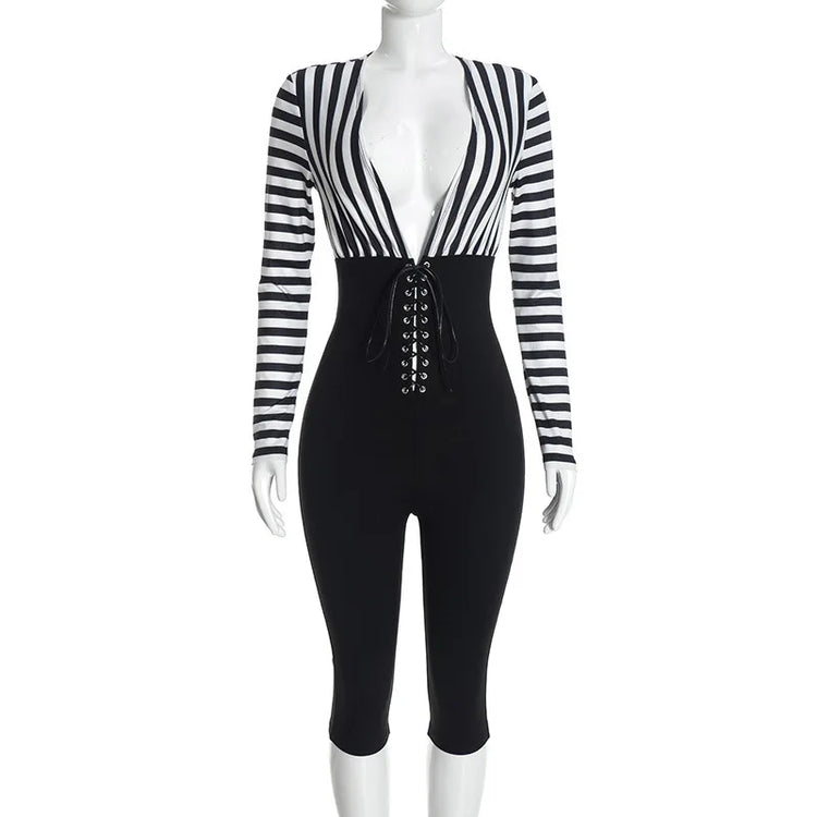 FLARORA Trend Stripe Color Blocking Jumpsuits Woman Deep V Neck Full Sleeve Bandage Skinny Peach Hip Sexy Party Club Overalls
