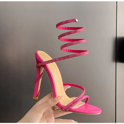 Luxury Crystal Snake Coiled Women Sandals Sexy Narrow band Thin High heels Wedding Party Female Gladiator Sandals Summer Shoes