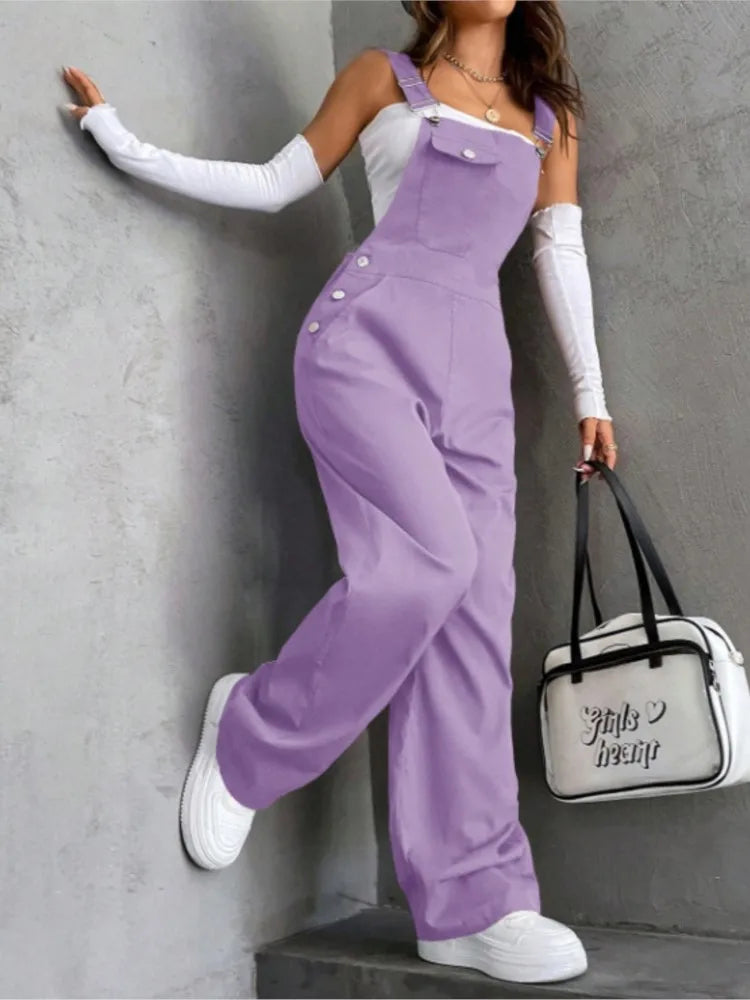 Women's Casual Bib Overalls Adjustable Shoulder Strap Pocket Wide Leg Jumpsuit Loose Straight Women Streetwear Suspender Pants