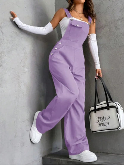 Women's Casual Bib Overalls Adjustable Shoulder Strap Pocket Wide Leg Jumpsuit Loose Straight Women Streetwear Suspender Pants