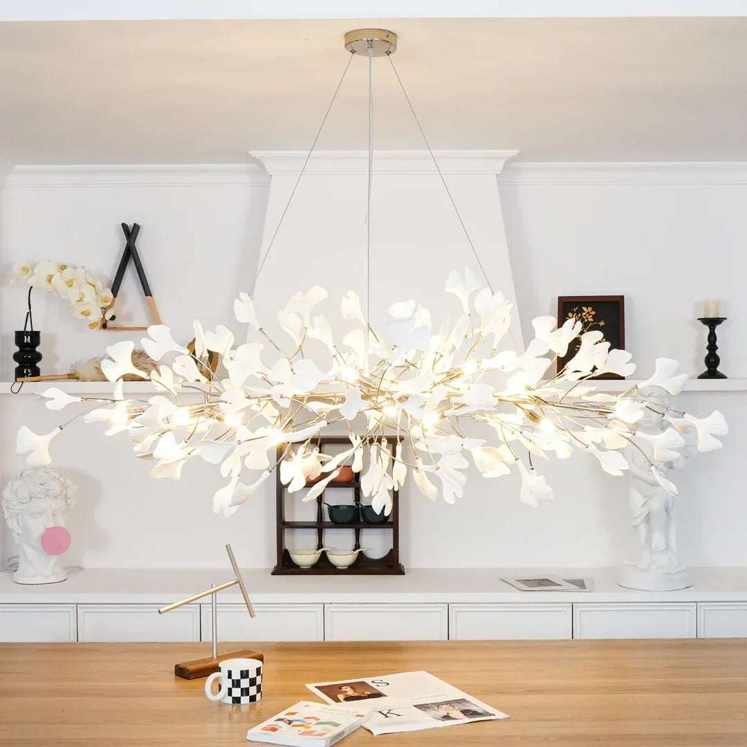 Modern Ceramics White Long Ginkgo Leaf LED Pendant Light Decoration Villa Living Room Ceiling Chandelier Indoor Hanging Lights