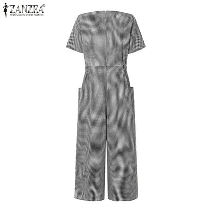 ZANZEA Short Sleeve Checked Wide Leg Overalls Pleated Waist O Neck Loose Casual Gingham Jumpsuits 2024 Fashion Women Long Romper