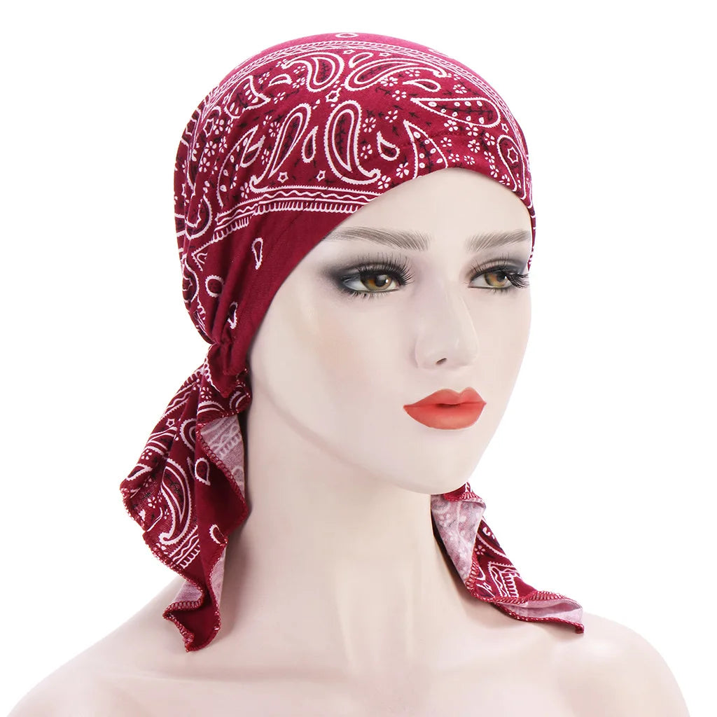 2026 New Trendy Print Muslim Fashion Hijab Turban Bonnet Long Tail Head Wraps Soft Elastic Hijab Hats Chemo Cap For Women Girls