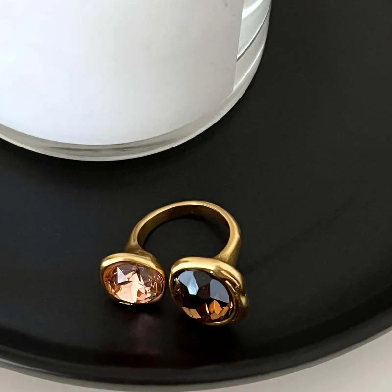 Vintage Brown Crystal Elliptical Open Rings For Women Luxury Rhinestone Contrasting Geometric Adjustable Finger Ring Jewelry