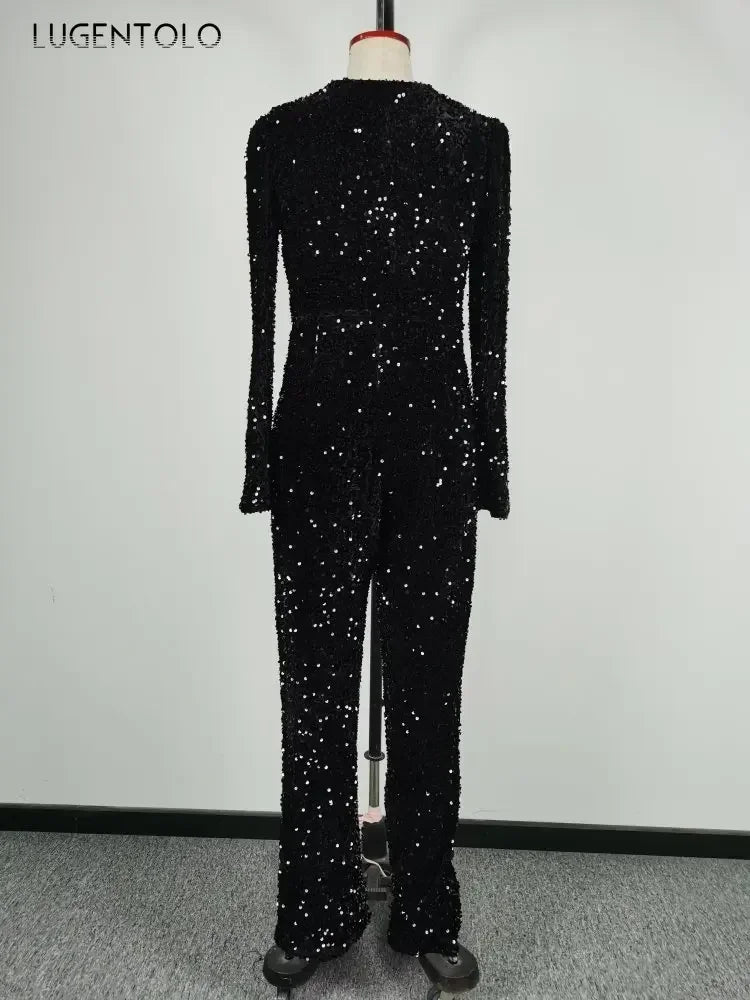 Women Sexy Jumpsuit Long Sleeve V-neck Sequins Black Skinny Party Female Fashion High Waist Jumpsuits Lugentolo