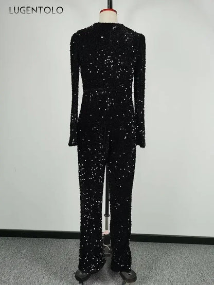 Women Sexy Jumpsuit Long Sleeve V-neck Sequins Black Skinny Party Female Fashion High Waist Jumpsuits Lugentolo