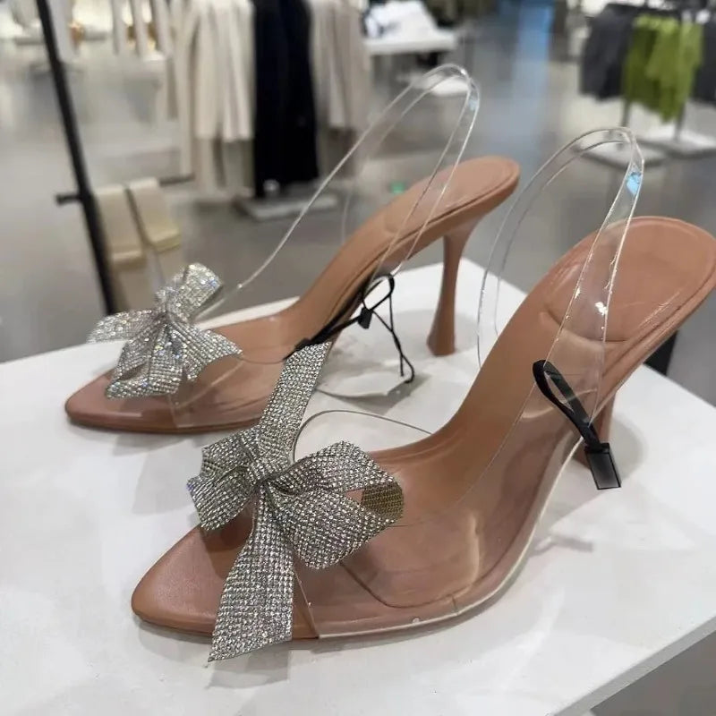 2025 Summer Transparent Slingbacks Women's Sandals Luxury Rhinestone Bow Elegant Pointed Toe High Heeled Bridal Wedding Shoes