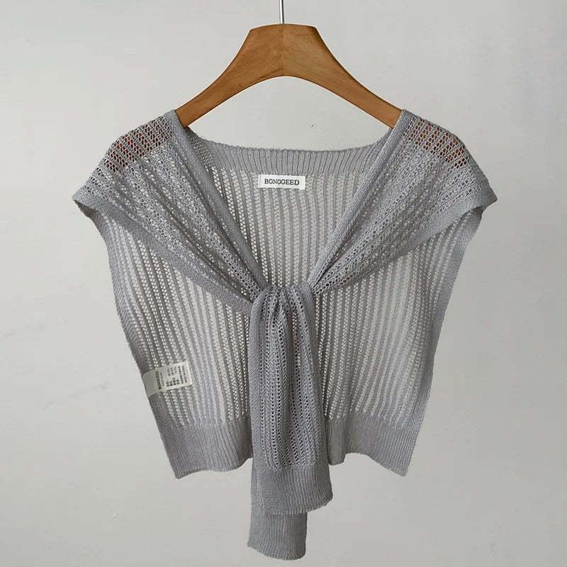 Lace Hollow Linen Knitted Shawl Summer Air Conditioning Fake Collar Neck Guard Knit Thin Knotted Cape Shoulder Scarf For Women