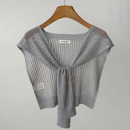 Lace Hollow Linen Knitted Shawl Summer Air Conditioning Fake Collar Neck Guard Knit Thin Knotted Cape Shoulder Scarf For Women