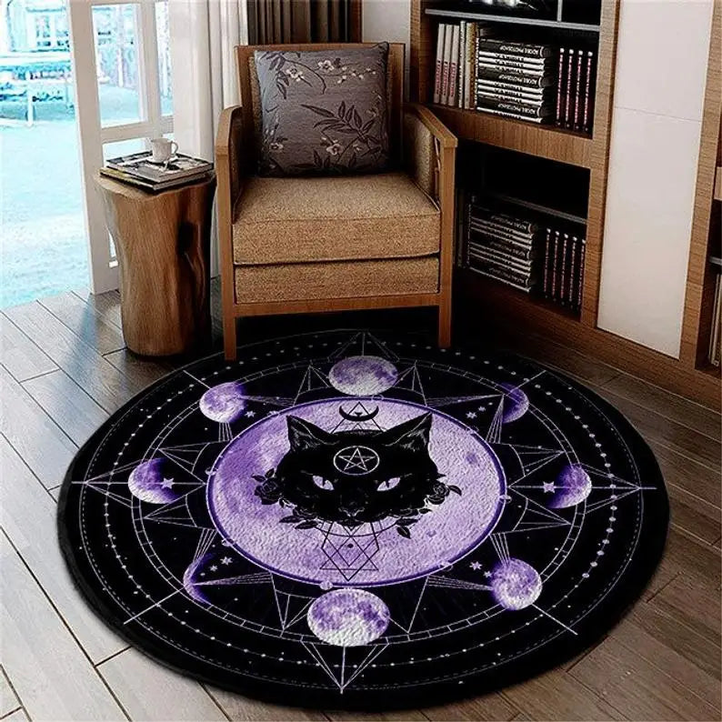 Gothic Satanic Cat & Goat Round Area Rug, Dark Aesthetic Throne Pattern Floor Mat Non-Slip Washable Circle Carpet for Home Decor