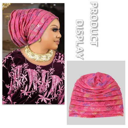 Glitter Full Body Pleated Turban Cap for Women 2025 Lady Head Wraps Muslim Headscarf Hat Turbante Mujer African Headpiece