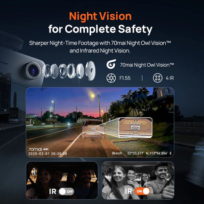 70Mai T800E 3-Channel Dash Cam Front 4K + Rear 1080P + Interior 1080P Hdr Supercapacitor 24H Parking Gps Voice Control Wi-Fi6