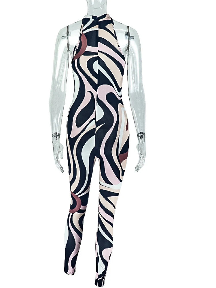 Kricesseen Sexy Tiger Animal Print Graphic Jumpsuit for Women Hollow Out Skinny Sleeveless One Piece Club Outfits Female Rompers