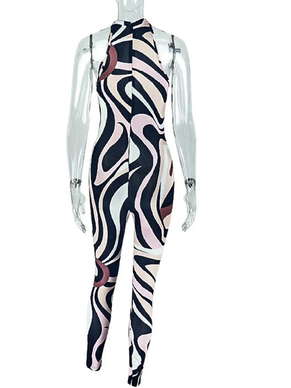 Kricesseen Sexy Tiger Animal Print Graphic Jumpsuit for Women Hollow Out Skinny Sleeveless One Piece Club Outfits Female Rompers