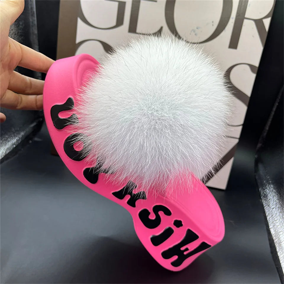 Real Fox Fur Slippers for Woman Luxury 2025 Slippers Summer Woman Sandals Thick Sole Pink Fur Slippers Fluffy Slides for Woman
