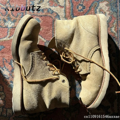 Yellow Street Style High-Top Suede Work Ankle Boots Men's Lace Up Flat Shoes Outdoor Trendy Versatile Daily Casual Short Boots