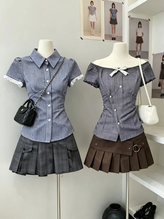 Y2K Preppy Fake Two‑Piece Outfit Set Women Short Sleeve V‑Neck Lapel Tops High Waist Mini Skirt Korean Casual School Suit New
