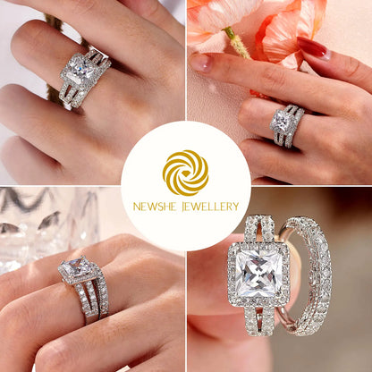 Newshe 2Pcs Solid 925 Sterling Silver Wedding Rings for Women Bridal Set 8*8mm 3CT Princess Cut 5A Cubic Zircon Fine Jewelry