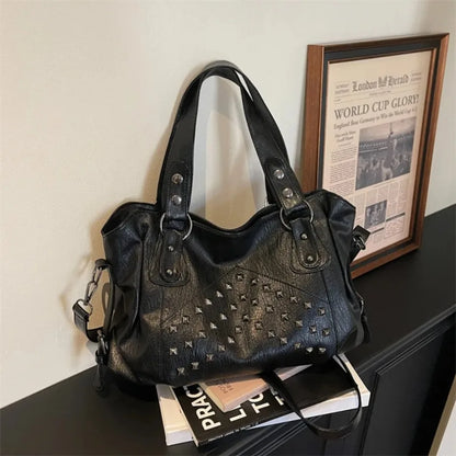 Rivet Punk Large Capacity Handbags Top Quality Sturdy Soft Leather Casual Tote Bag Shoulder Crossbody Bags Daily Commute Travel