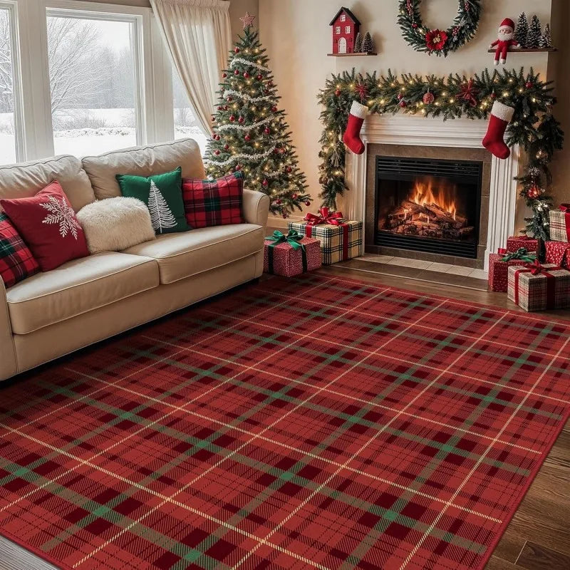 Christmas Area Rugs for Living Room Bedroom,Xmas Checkered Plaid Rug Non Slip Soft Floor Carpet Holiday Rug for Dining Room