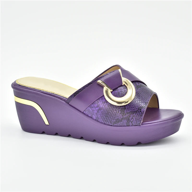 Latest Design African Party Shoes Decorated with Metal Wedding Shoes for Women Bride Wedges Shoes for Women Luxury Shoes
