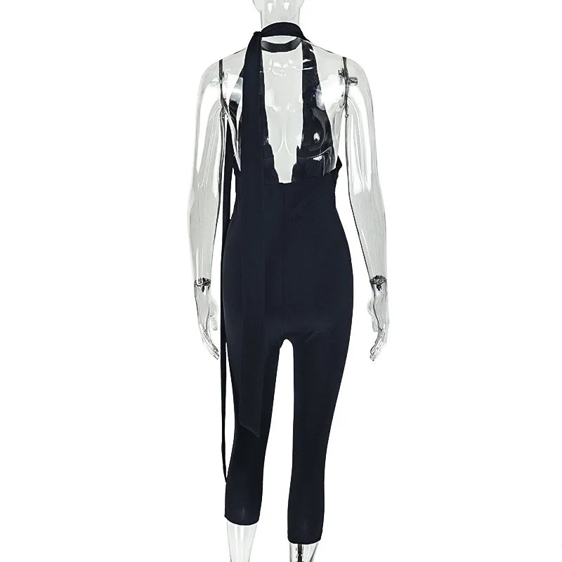 Summer Tights Jumpsuit Women Solid V-neck Backless Lace-Up Slim Stretchy Pencil Pants Calf-length Rompers Sleeveless 65001