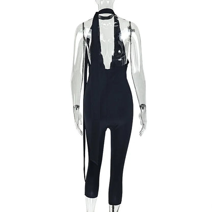 Summer Tights Jumpsuit Women Solid V-neck Backless Lace-Up Slim Stretchy Pencil Pants Calf-length Rompers Sleeveless 65001