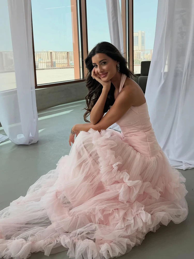 Sumnus Elegant A-Line Evening Dresses Pink Halter Ruched Ruffle Maxi Prom Dress Draped Birthday Princess Dress 2026 Customized
