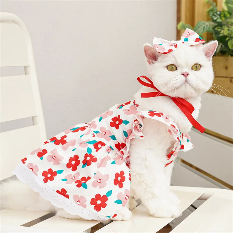 Summer Floral Dog Dress Luxury Pet Vest Puppy Skirt Girls Dog Clothes Chihuahua Clothing Bichon Dog Clothing with Bow Headwear
