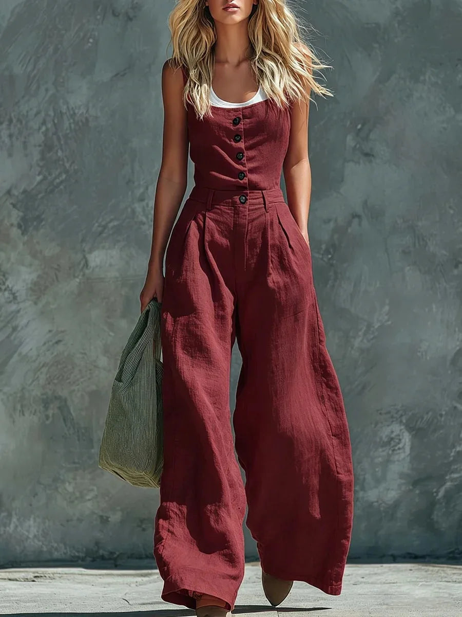 MsChuh Women's Jumpsuits And Rompers High Waist Pleated Waist Sleeveless Solid Color Romper Black Loose Fit Wide Roupas Feminina