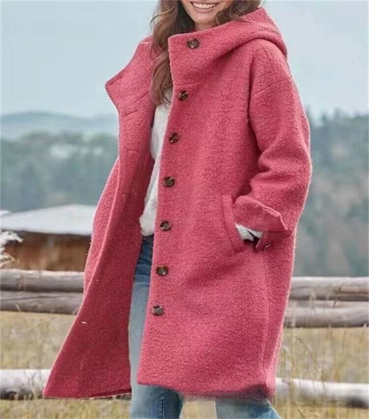 Manteaux Femme Winter Warm Woolen Coat Solid Color Manteau Femme Hooded Fashion Womans Clothing Single-breasted Hooded Long Coat