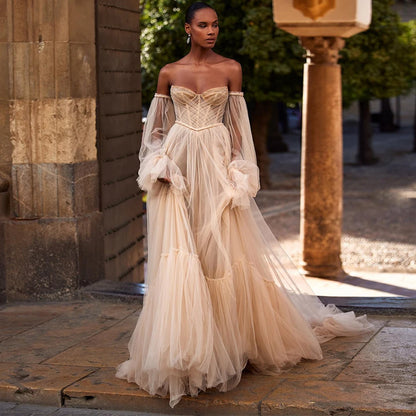 SSYTENS Elegant Bohemian Wedding Dresses Customized Puffy Long-sleeved Corset back Bride Dress Chic Beach Bridal Gowns for Women