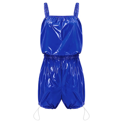 Womens Glossy Waterproof Diaper Cover Sling Bodysuit Waistband Drawstring Legs One-piece Cami Rompers Adaptive Short Jumpsuit
