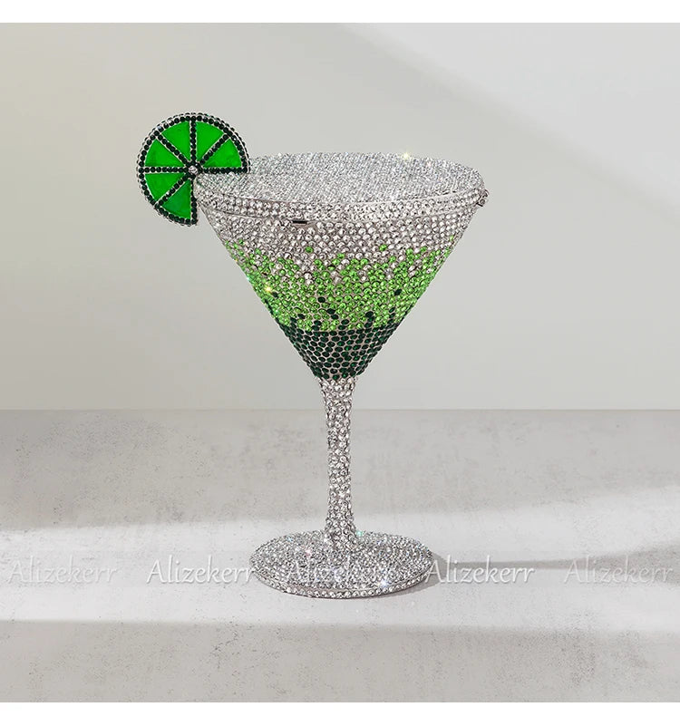 Alizekerr Cocktail Glass Shaped Rhinestone Evening Bags Luxury Designer Gorgeous Crystal Metal Purses And Handbags Wedding Party