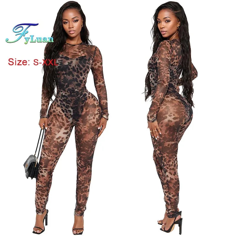 Sexy Bodycon Jumpsuits Women Clothes Leopard Mesh Print Semi Perspective Jump Suit Long Sleeve Bodysuit Nightclub Club Clothes