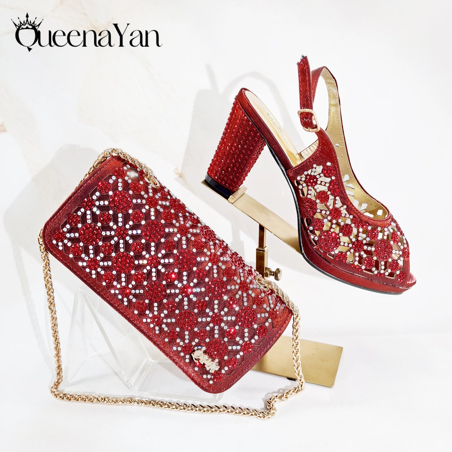 Queena Yan Popularity Olive Color Rhinestone Decoration Design Peep Toe Party Wedding Women High Heels and Bag Set
