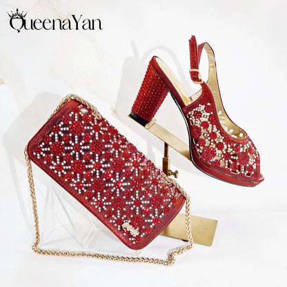 Queena Yan Popularity Olive Color Rhinestone Decoration Design Peep Toe Party Wedding Women High Heels and Bag Set