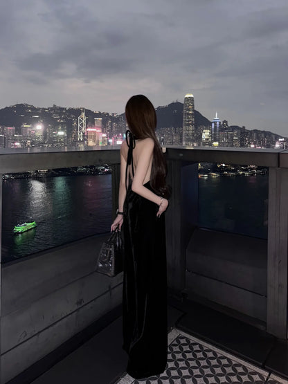 Vintage Luxury High-end Black Jumpsuits Metal Button Slim Sexy V-neck Hang Neck One-piece Pants Women Party Dresses Backless New