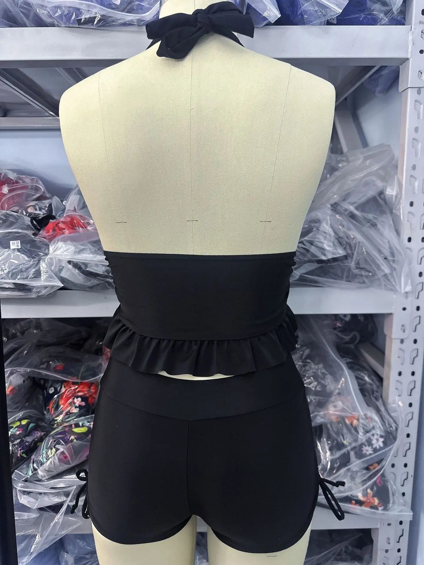 Two Piece Halter Tankini Women Deep V Neck Ruffle Hem Top Drawstring Side Shorts Swimwear