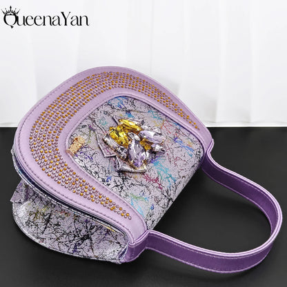 New Arrval Print and Colorful Rhinestone Design Lilac Color Party Wedding Shoes and Essential for Banquets, Exquisite HandBag