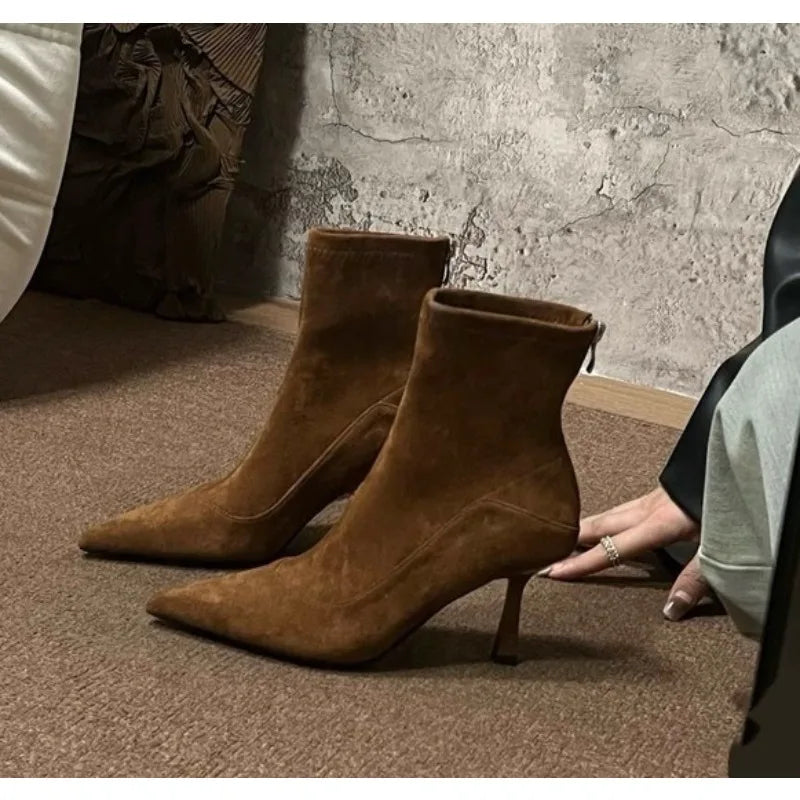 Designer Vintage Women Ankle Boots Fashion Pointed Toe Shoes Autumn Winter High Heel Ladies Elegant Stretch Slim Short Booties